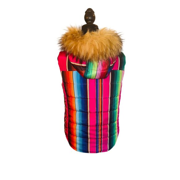 Judith March Rainbow Striped Puffer Vest Faux Fur Hood S Outdoor Street Style - Picture 5 of 15